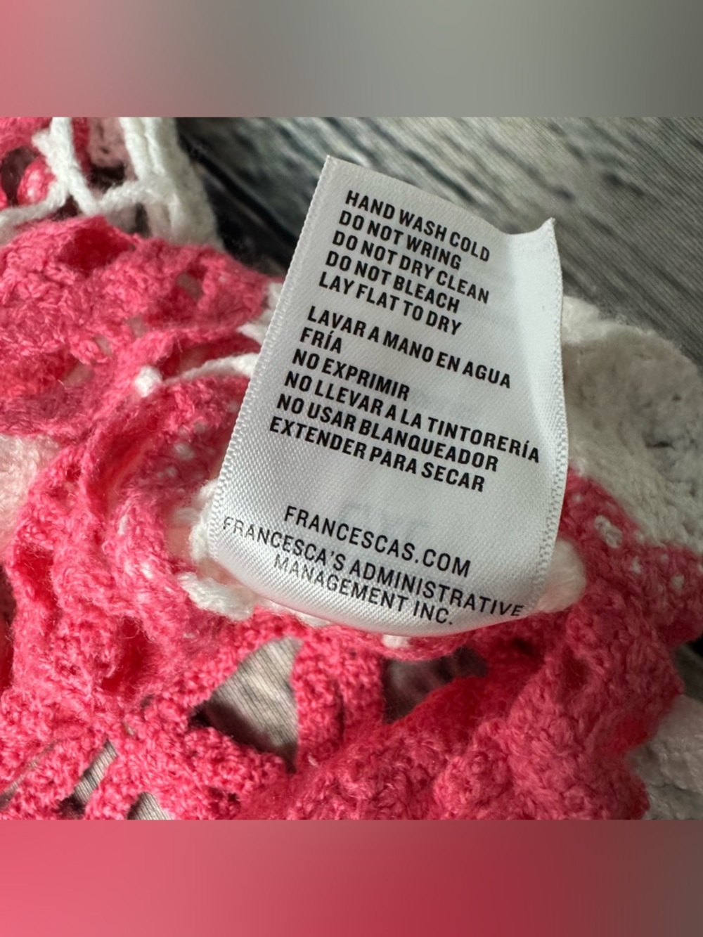 Blue Rain by francesca’s Crochet Floral Knit Top Pink Cream Bell Sleeves Sz L/XL - Picture 9 of 9